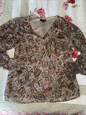 1. STATE Beige Multi Paisley V-Neck Blouse